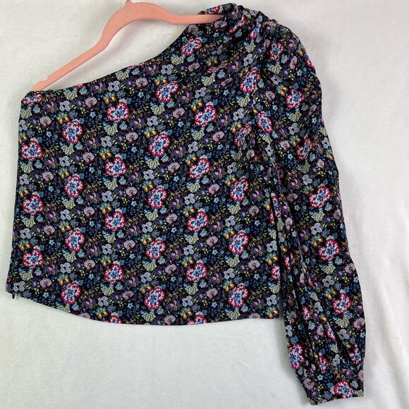 Frame Blouse Top Women XS One Shoulder Floral Print Long Sleeve Feminine Zip - Picture 3 of 15